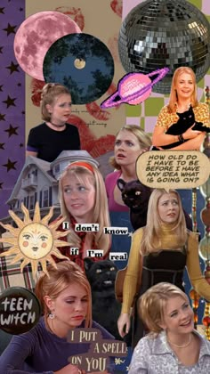 the collage shows many different women and one cat in front of a disco ball