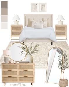 a bedroom is shown with neutrals and whites