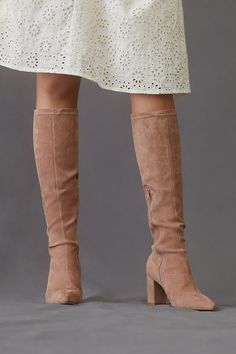 Crafted from stretchy faux suede, these knee-high boots pair perfectly with leggings, slim-fit denim, or tights and a textured skirt for an effortless ensemble any time of year. Anthropologie Style, T Strap Flats, Textured Skirt, Slouched Boots, Unique Shoes, Classic Boots, Tall Boots, Suede Boots, Over The Knee Boots