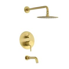 the shower faucet is shown in polished brass