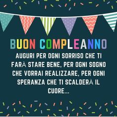 a birthday card with bunting flags and confetti on the bottom reads, buon compleanono