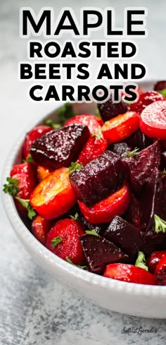 a white bowl filled with beets and carrots on top of a marble counter