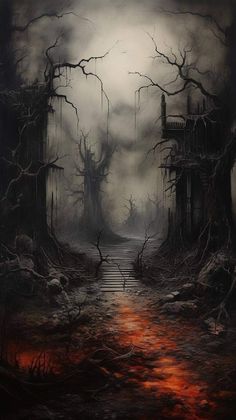 a painting of a dark forest with stairs leading up to a creepy looking building in the distance