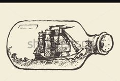 an old ship in a bottle with water inside, vintage engraved engraving - stock photo