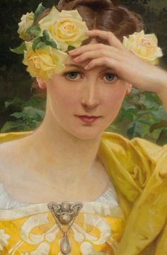 a painting of a woman wearing a yellow dress with flowers in her hair and holding her hands to her head