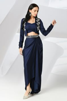 Navy blue jacket featuring mirror, sequin, and zardozi embroidery. Paired with a V neck bustier and draped skirt with an embroidered waistband., Fit: Relaxed Indo Western Outfits For Women, Function Dresses, Zardozi Embroidery, Lehenga Designs Simple, Navy Blue Jacket, Indo Western Dress, Dresses Traditional, Indian Dresses Traditional, Fancy Dresses Long