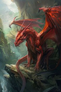 a red dragon sitting on top of a rock