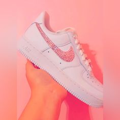 Custom Bling Air Force One With Pink Swarovski Womens Ships In 1-2 Weeks New In The Box Quince Nike Shoes, Luxury Embellished White Sneakers, Luxury White Sneakers With Rhinestones, Luxury White Custom Sneakers With Rhinestones, White Low-top Sneakers With Bling, Low-top White Sneakers With Bling, White Custom Sneakers With Bling, Round Toe, White Low-top Custom Sneakers With Bling, Luxury Bedazzled White Sneakers