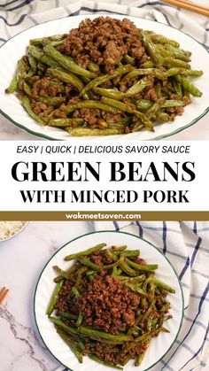 green beans with minced pork on a white plate