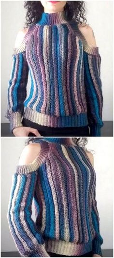 two pictures of the same sweater with different colors and patterns, one showing off shoulder