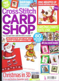 cross stitch card shop magazine cover with christmas items on the front and back pages, including santa