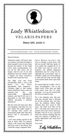 the front page of lady whistledown's veilais papers