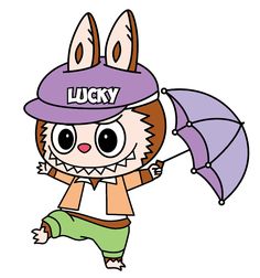 a cartoon character holding an umbrella with the word lucky on it's forehead and wearing a purple hat