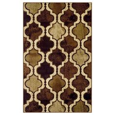 a brown and beige rug with an intricate design on the front, along with a white background