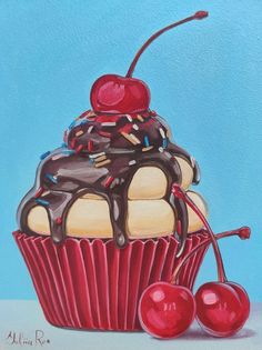 a painting of a cupcake with cherries and chocolate frosting on top, next to two cherries