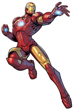 an iron man flying through the air with his arms out and hands outstretched in front of him