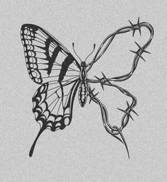 a drawing of a butterfly with barbed wire on it's back legs and wings