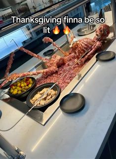 an image of food being served on the counter at a restaurant with words saying thanksgiving fina be so it