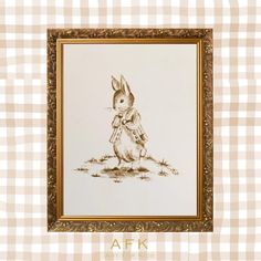 a drawing of a rabbit with a bow on it's back sitting in front of a checkered wall