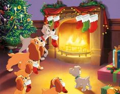 a group of dogs standing in front of a fire place with stockings on the fireplace