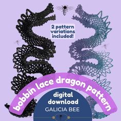 an image of a dragon pattern in purple and blue with the words, cobbin lace dragon pattern