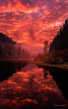 the sky is red and pink as it reflects in the water