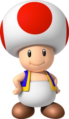 a person wearing a mushroom hat and overalls with a smile on their face, standing in front of a white background