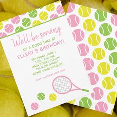 two tennis themed birthday cards sitting on top of some yellow and green apples with the words, we're serving up a good time at elleny's birthday