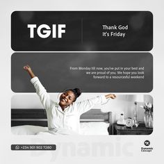 a woman in bed with her arms up and the words thank god it's friday