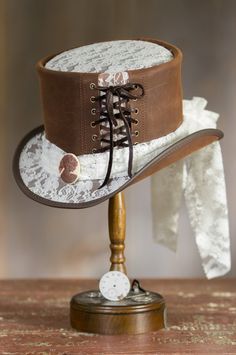 Steampunk Havisham Leather Top Hat | Overland Steampunk Mixed Media Art, Steampunk Hats, Mini Top Hats, Mad Hatter Top Hat, Victorian Fabric, Leather Top Hat, Steampunk Items, Steampunk Artwork