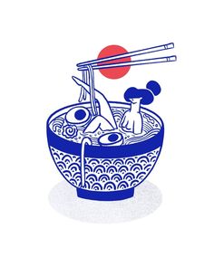 a blue and white bowl with chopsticks sticking out of it's top