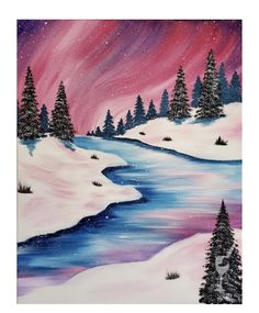 a painting of a snowy landscape with trees and the sky painted in acrylic paint