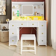 a white desk with a mirror, stool and shelf in a room that has red walls