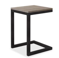 a wooden table with black metal legs and a square wood top on an isolated white background