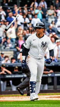 MLB baseball wallpaper background of New York Yankees star Juan Soto flipping his bat towards the dugout following a home run Yankees Fan, Ny Yankees, Sports Pictures