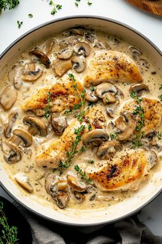 chicken with mushrooms and gravy in a skillet