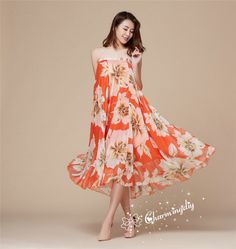 32 Colors Orange Flowers Chiffon Skirt Long Maxi Sundress Beachdress Holiday Dress Women Summer Pleat Dress Beach Skirt Plus Size Dresses YM019 Detail Info: ❤ Color: orange flower as picture More color choice, https://www.etsy.com/listing/213656440/chiffon-dress-color-card?ref=shop_home_feat_1 ❤ Material: Chiffon Waist 60-100cm, the length is from waist line to bottom hem, Please choose the length according to your height and note your waist size with order. ❤ Care: machine wash cold and gentle, Summer Chiffon Maxi Dress For Day Out, Chiffon Maxi Dress For Beach In Summer, Spring Chiffon Maxi Beach Dress, Chiffon Maxi Dress For Summer Beach, Chic Chiffon Maxi Dress For Beach Season, Summer Maxi Chiffon Dress For Vacation, Orange Floral Print Dress For Beach, Chiffon Sundress Maxi Dress For Vacation, Summer Bohemian Chiffon Dress For Day Out