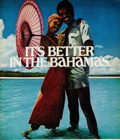 an advertisement for the banana company featuring two people hugging each other in front of a body of water