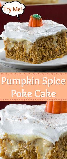 pumpkin spice poke cake with white frosting and carrots