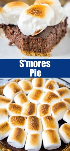 there is a pie with marshmallows on top and the words s'mores pie above it