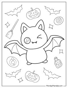 a coloring page with an image of a bat and pumpkins