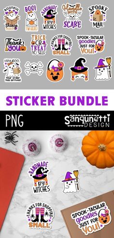 halloween sticker bundle with pumpkins, ghost and witches on the back in purple