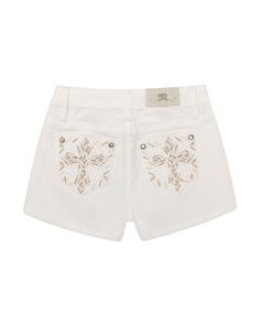 Mid-rise, white denim shorts- Beige, tan and white embroidered cross design- Silver inner embroidery with clear sequins detailing- Cross-stitched back pocket borders with rhinestone rivets- Embossed beige leather cross Miss Me brand patch- 5-pocket designMeasurements: USA WAIST HIP FRONT RISE X BACK RISE 7 23 3/4 28 3/4 7 1/4 X 11 3/4 8 24 1/2 29 1/2 7 1/2 X 12 10 25 1/2 30 1/2 7 3/4 X 12 1/4 12 26 1/2 31 1/2 8 X 12 1/2 14 27 1/2 32 1/2 8 1/4 X 12 3/4 16 28 1/2 33 1/2 8 1/2 X 13 Fabric Content: White Leather Shorts, Embroidered Cross, Miss Me Shorts, White Denim Shorts, Denim Accessories, Trendy Shorts, Cross Design, Leather Cross, Leather Shorts