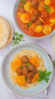 two plates with meatballs, rice and pita bread