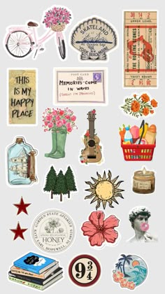 various stickers that include flowers, books and other things