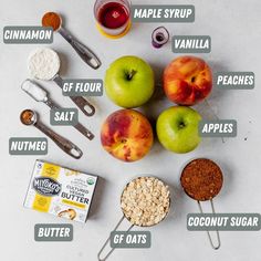 the ingredients needed to make an apple pie laid out on a white surface with text