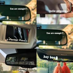 there are four pictures of the inside of a car with words written on it, and one has an image of someone's reflection in the rear view mirror