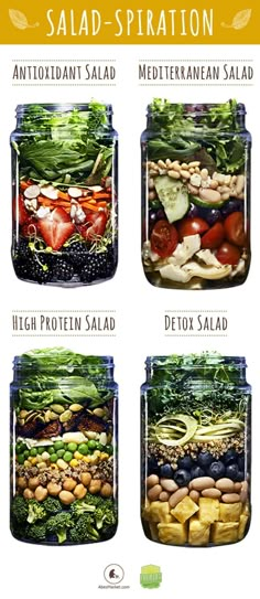 four mason jars filled with different types of salads and ingredients to make it into a salad