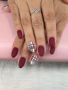 Plaid Nails, red, maroon, wine color Dnd Plum Passion, Red Plaid Nail Designs, Red Plaid Christmas Nails, Plaid Nails Red, Christmas Nails Plaid, Maroon Nail Ideas, Red Plaid Nails, Flannel Nails, Nail References