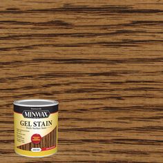 a can of minwax gel stain sitting on top of a wooden flooring